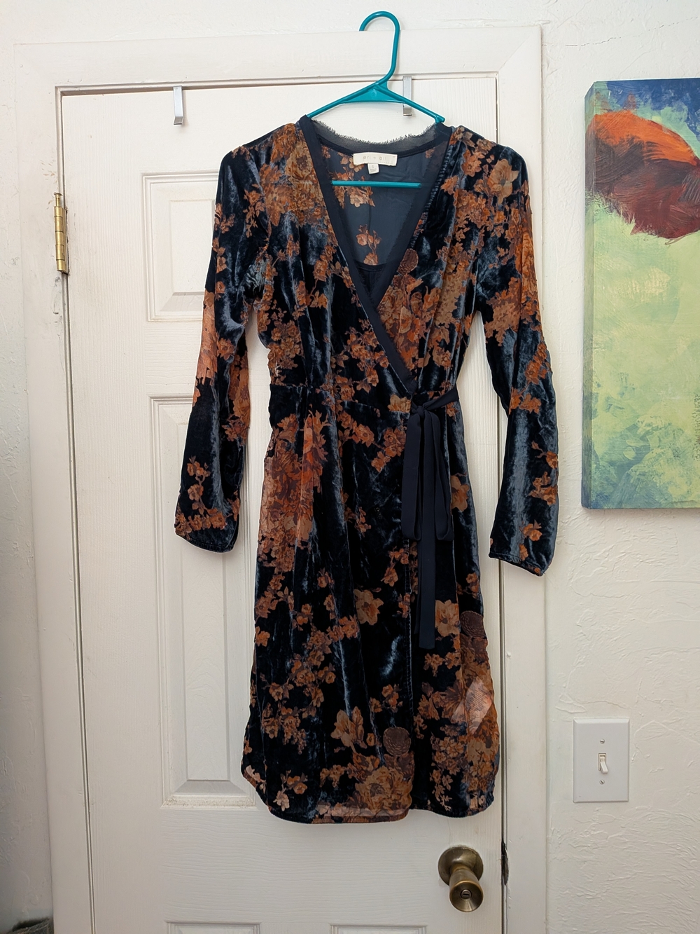 Floral Velvet Wrap Dress in Orange and Navy Blue- Eri&Ali